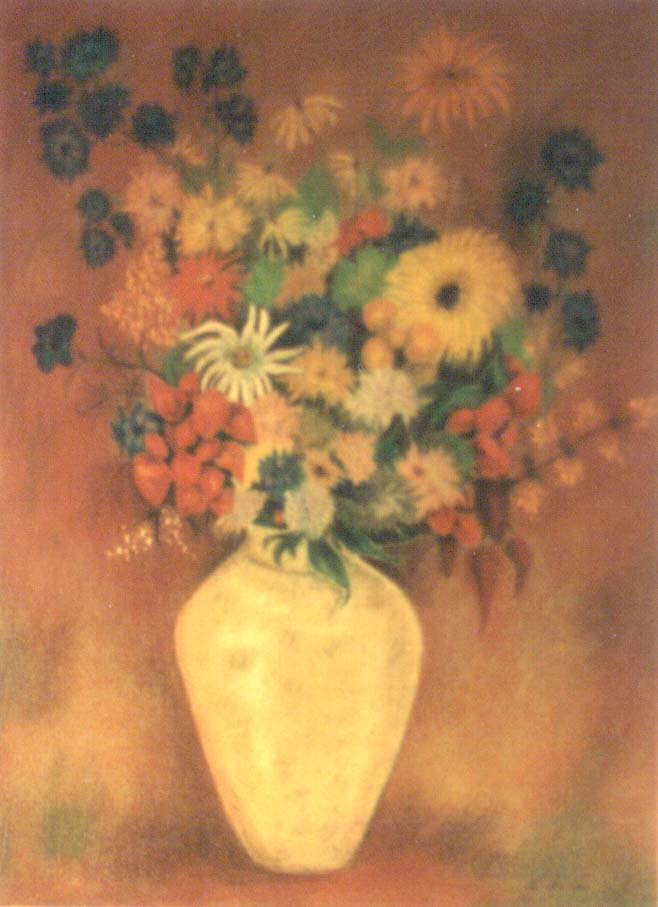 'Flowers in a Vase'. Computer scan of photo. (Original: Oil on canvas. Circa 1954 by S. Berger.)